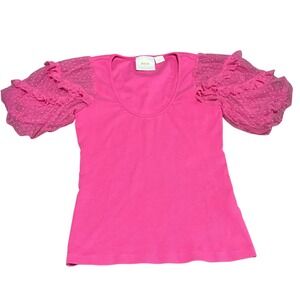 Maeve‎ Anthropologie Pink Ribbed Top Puff Sleeve Ruffle Women's Size XS